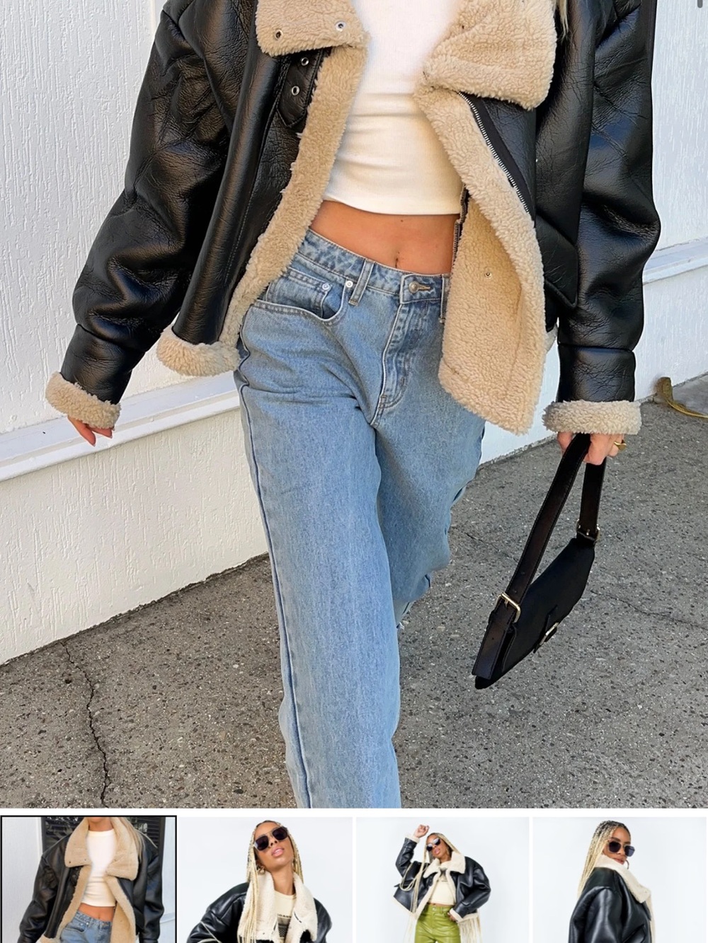 Princess Polly Black Faux Leather Bomber Jacket with Cream Sherpa